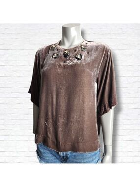 Dorothee Schumacher Jewel Collar Brown Velvet Silk Short Sleeve Blouse Size M